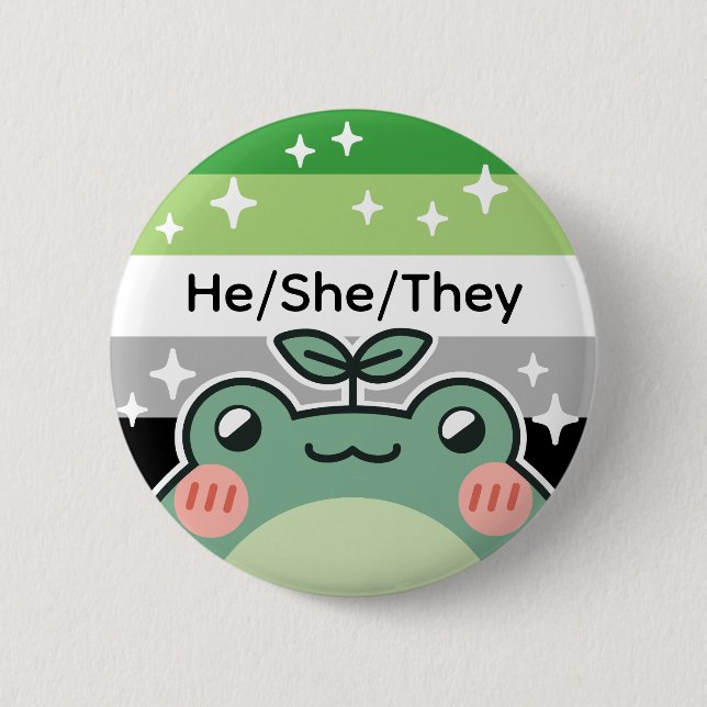 Customizable Pronoun Aromantic Pride Flag Frog Button (Front)