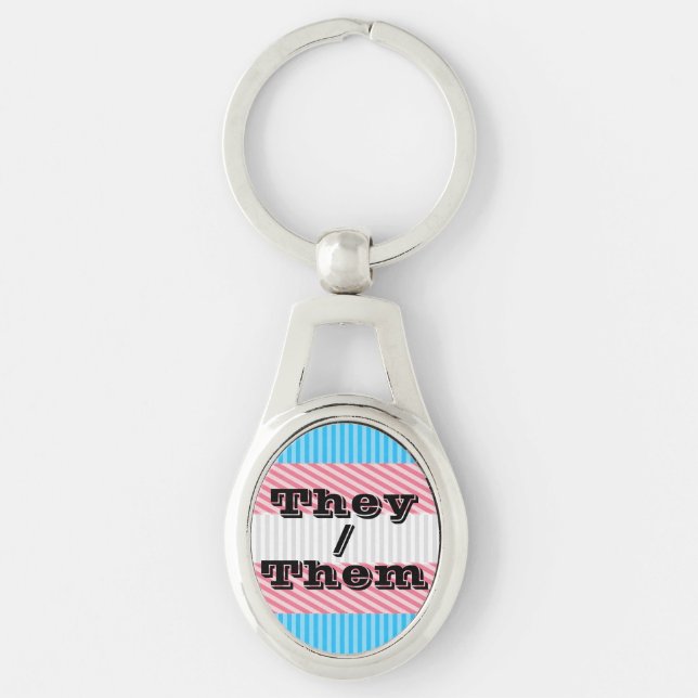 Customizable Pronoun Boho Stripe Transgender Pride Keychain (Front)