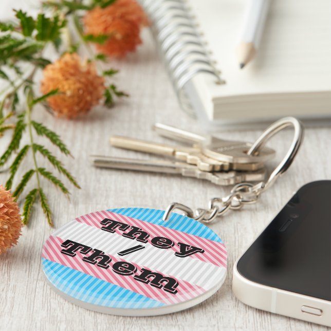 Customizable Pronoun Boho Stripe Transgender Pride Keychain (Front Right)