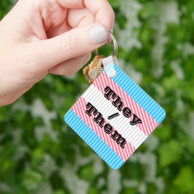 Customizable Pronoun Boho Stripe Transgender Pride Keychain (Hand)