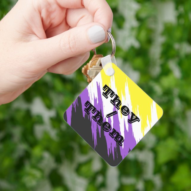 Customizable Pronoun Zigzag Nonbinary Pride Flag Keychain (Hand)