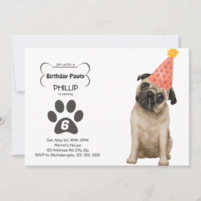 Customizable Pug Birthday PAWTY  Invitation (Front)
