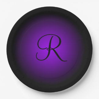 Customizable purple black monogram paper plates