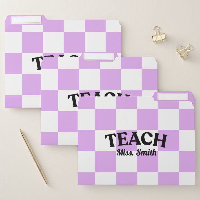 Customizable Purple Checkered Teacher File Folders (Set)