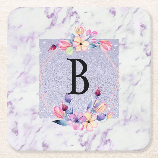 Customizable Purple Chic Monogram Can Cooler Square Paper Coaster (Front)