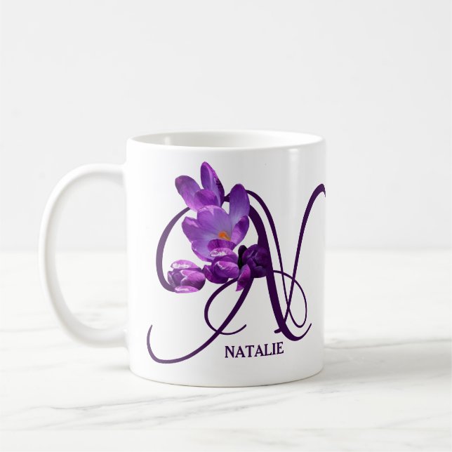 Customizable purple floral Natalie name monogram  Coffee Mug (Left)