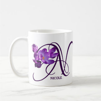 Customizable purple floral Nicole name monogram  Coffee Mug