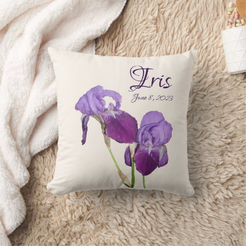 Customizable purple flower Iris name floral boho Throw Pillow