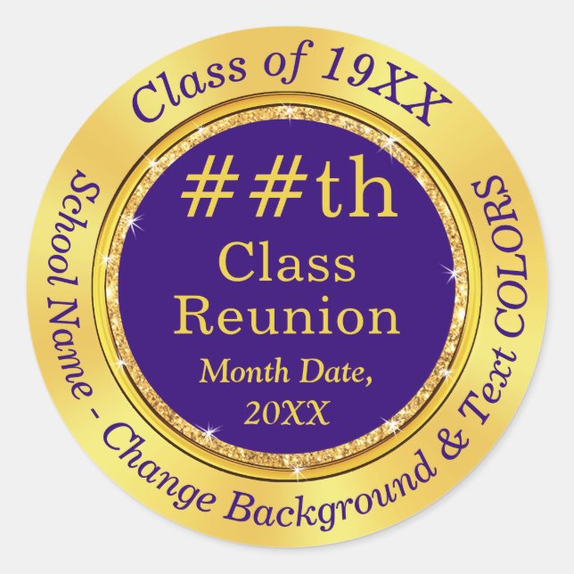 Customizable, Purple Gold, Class Reunion Stickers (Front)