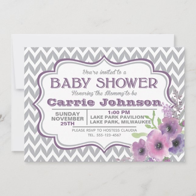 Customizable Purple & Gray Chevron Baby Shower Invitation (Front)