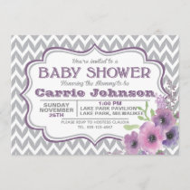 Customizable Purple & Gray Chevron Baby Shower Invitation