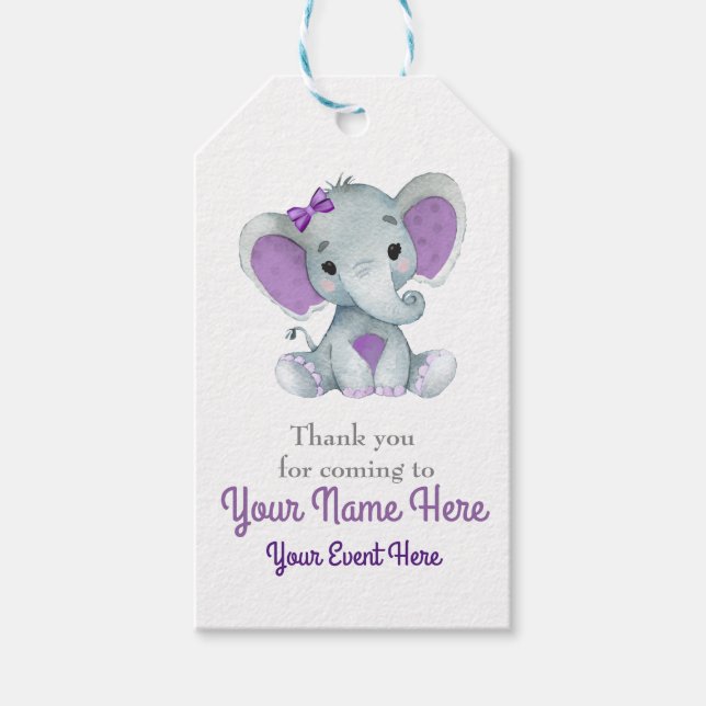 Customizable Purple Gray Elephant Thank You Tag (Front)