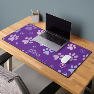 Customizable Purple Paw Prints & Hearts Desk Mat