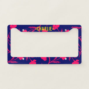Customizable Purple & Pink Pop Floral Pattern Bold License Plate Frame