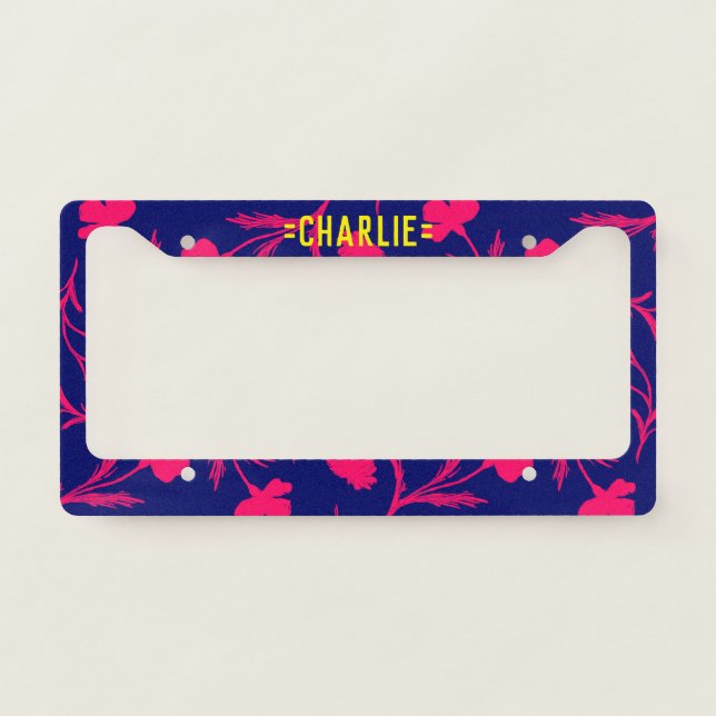 Customizable Purple & Pink Pop Floral Pattern Bold License Plate Frame (Front)