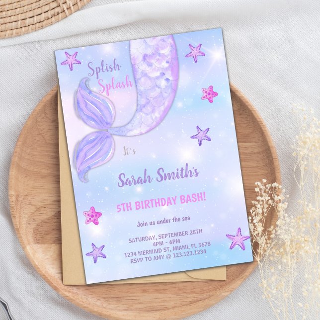 Customizable Purple Star Mermaid Birthday Invitation (Purple Star Mermaid Birthday Invitations)