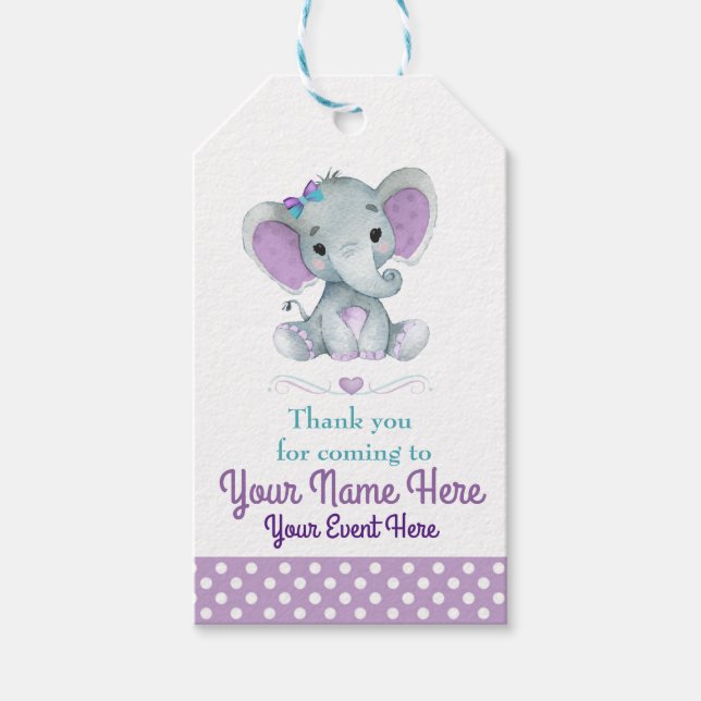 Customizable Purple Teal Elephant Thank You Tag (Front)