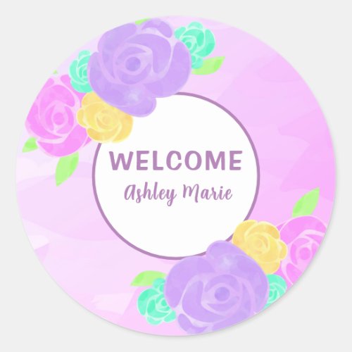 Customizable Purple Watercolor Floral Baby Shower  Classic Round Sticker
