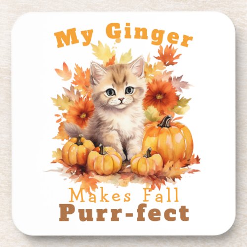 Customizable Purr_fect Autumn Cat Ginger Beverage Coaster