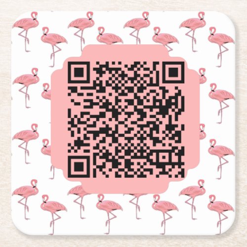Customizable QR Code Girly Flamingo Pattern Square Paper Coaster