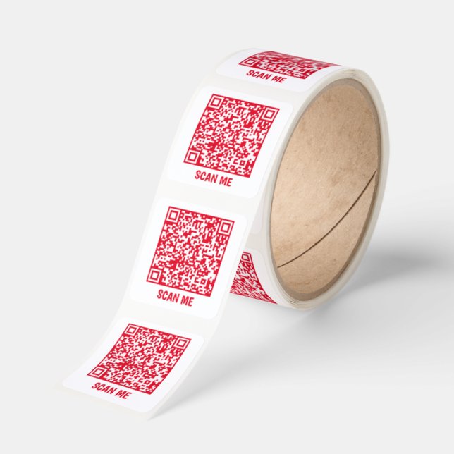 Customizable QR code SCAN ME red Square Sticker (Roll)