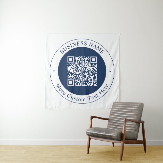 Customizable QR code & Text | Dark Navy Blue Tapestry (In Situ)