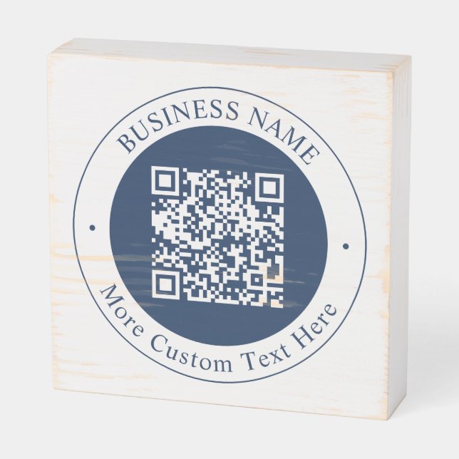 Customizable QR code & Text | Dark Navy Blue Wooden Box Sign (Angled Horizontal)