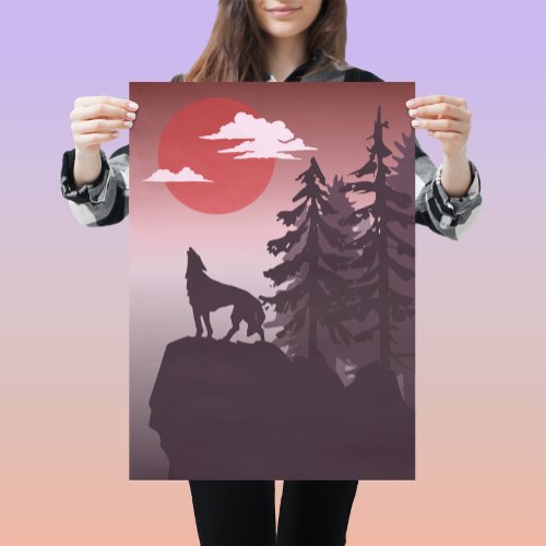 Customizable Quote Grey Wolf Howling Red Sunset Poster
