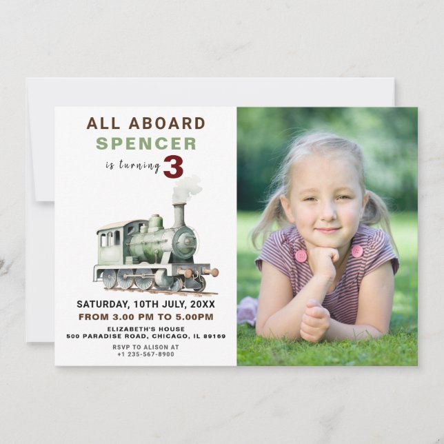 Customizable Railway-Themed Birthday Photo Invite (Front)