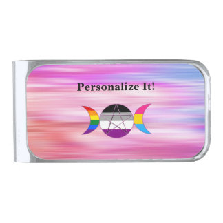 Customizable Rainbow Triple Moon Goddess Pentacle Silver Finish Money Clip