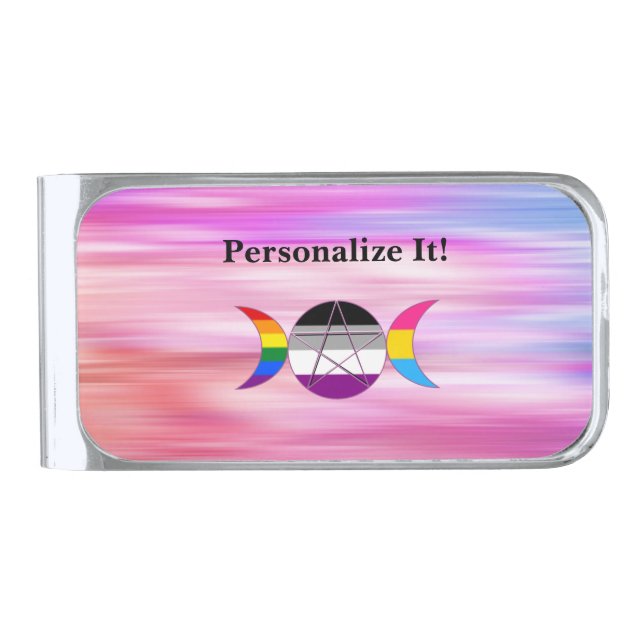 Customizable Rainbow Triple Moon Goddess Pentacle Silver Finish Money Clip (Front)