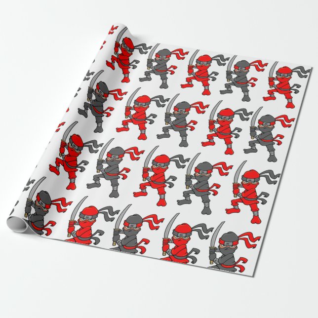Customizable Red and Black Ninjas Design Wrapping Paper (Unrolled)
