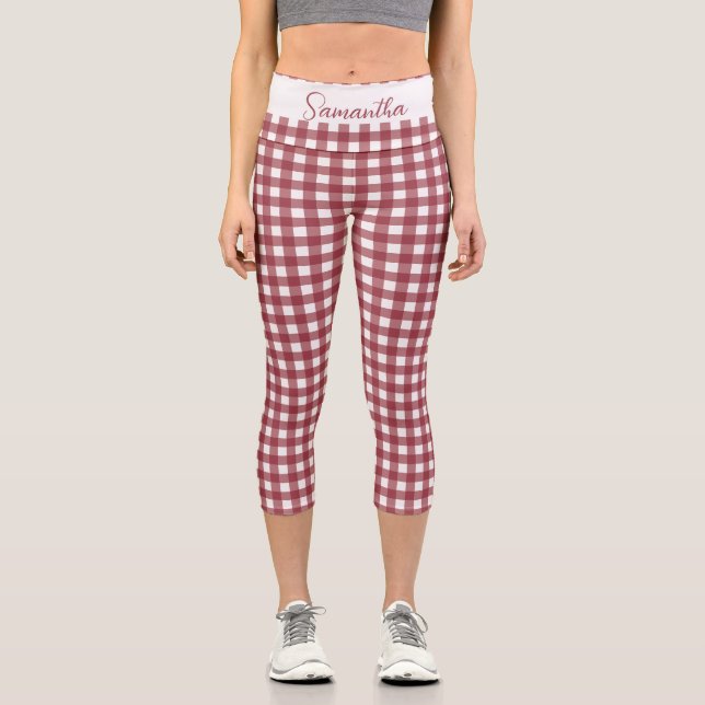 Customizable Red and White Checkers Pattern Capri Leggings (Front)