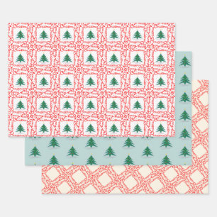 Customizable Red and White Merry Christmas Tree Wrapping Paper Sheets