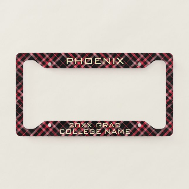 Customizable Red & Black Plaid Tartan Graduation License Plate Frame (Front)