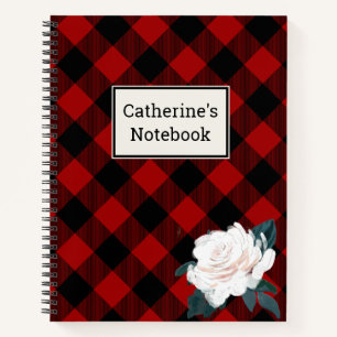 Customizable Red Buffalo Plaid White Rose Notebook