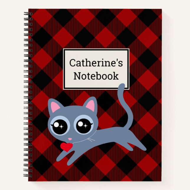 Customizable Red Buffalo Plaid with Gray Kitty Notebook (Front)