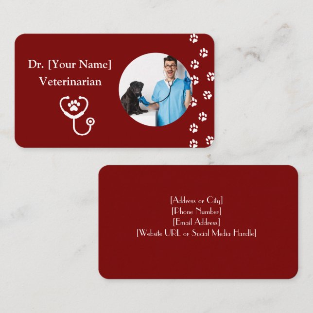 Customizable Red Business Card for Veterinarian (Front/Back)