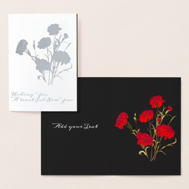 Customizable Red Carnation Floral Black New Year Foil Card (Display)