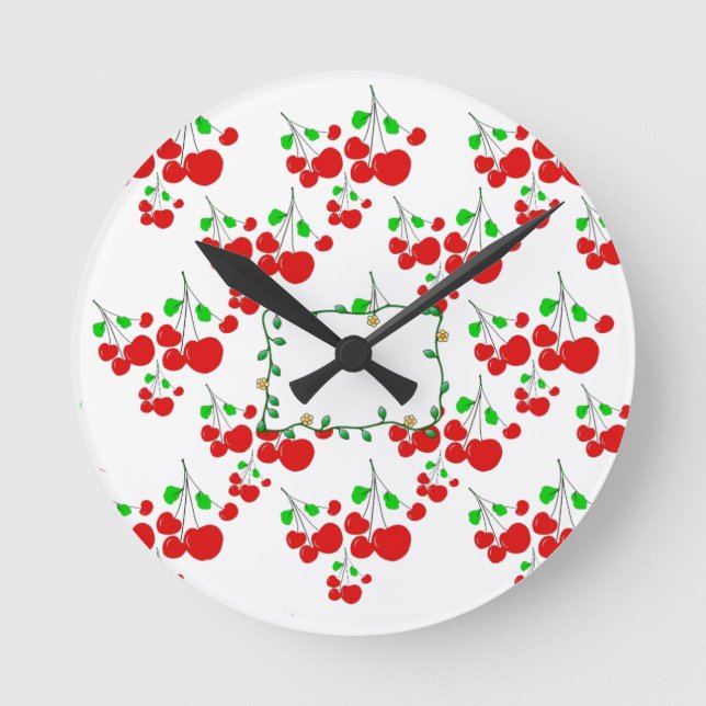 Customizable red cherry pattern accessories LeahG Round Clock (Front)