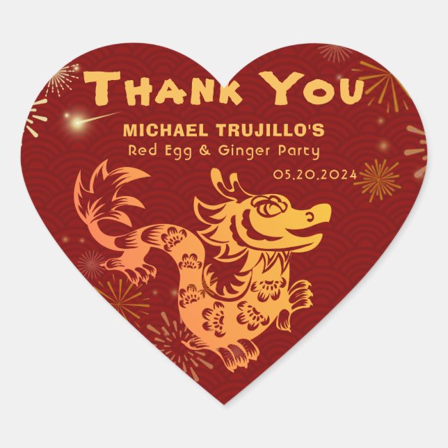 Customizable Red Gold Dragon Fireworks Thank You  Heart Sticker (Front)
