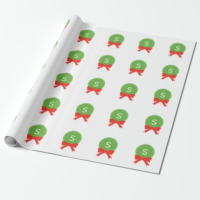Customizable Red & Green Christmas Monogram Wreath Wrapping Paper (Unrolled)