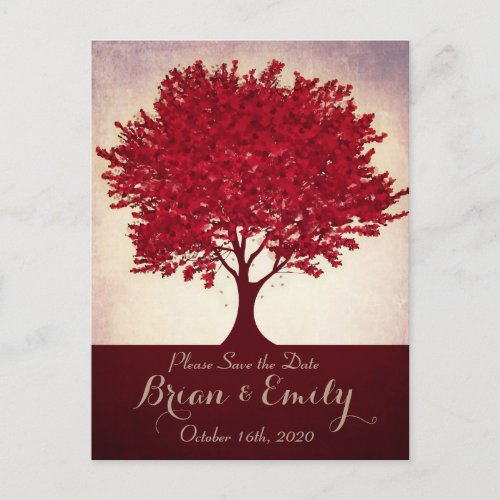 Customizable red heart tree save the date postcard