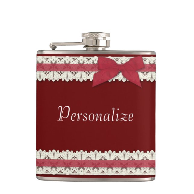 Customizable red lace ribbon bow flask (Front)