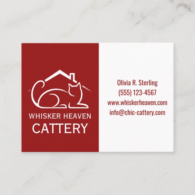 Customizable Red Minimalist Cattery Business Card  (Front)