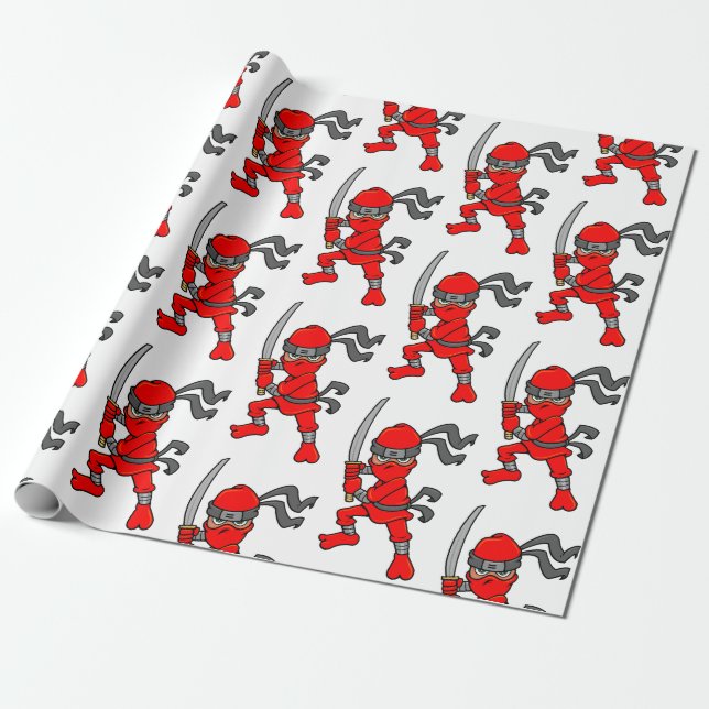 Customizable Red Ninja Design Wrapping Paper (Unrolled)