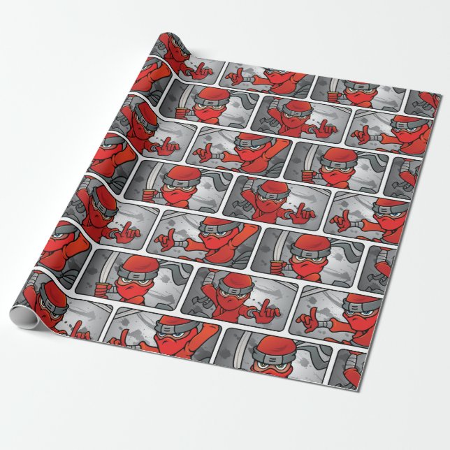 Customizable Red Ninja Design Wrapping Paper (Unrolled)