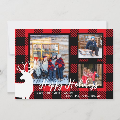 Customizable Red Plaid White Deer Christmas Card