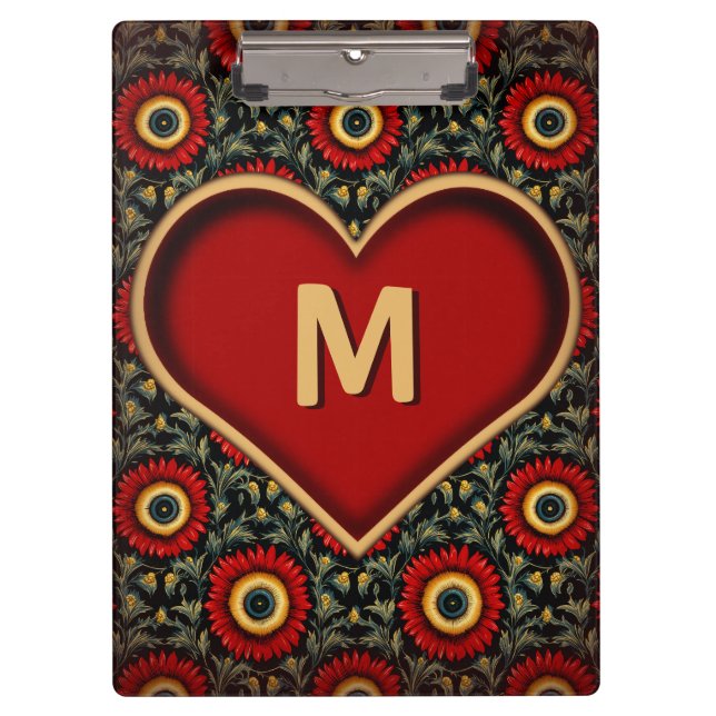 Customizable Red Vintage Monogram Heart Clipboard (Front)