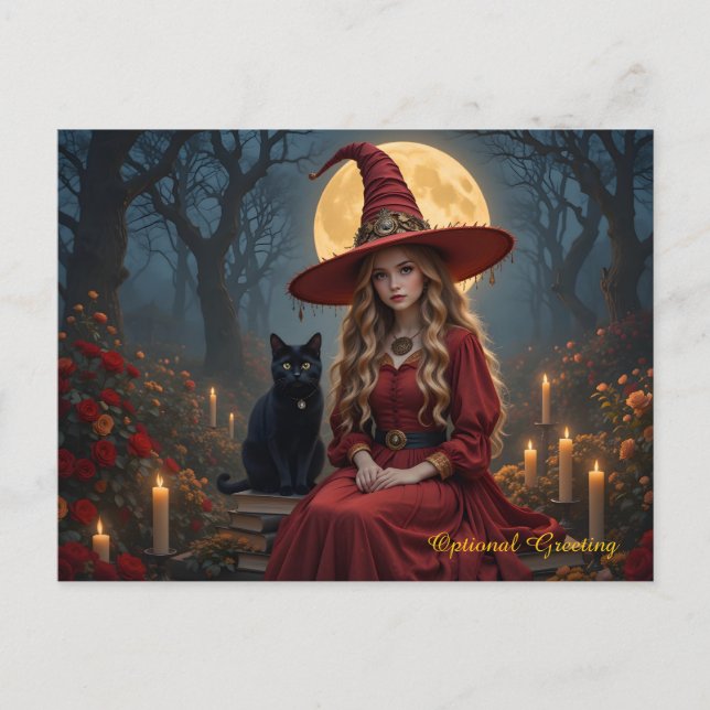 Customizable Red Witch and Familiar Post Card (Front)